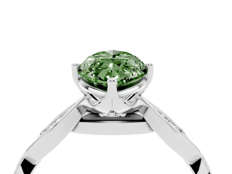 Fancy Green Marquise Cut Diamond Twist Band Solitaire Ring Set in Silver with Leaf Prong Setting and Accent Stones