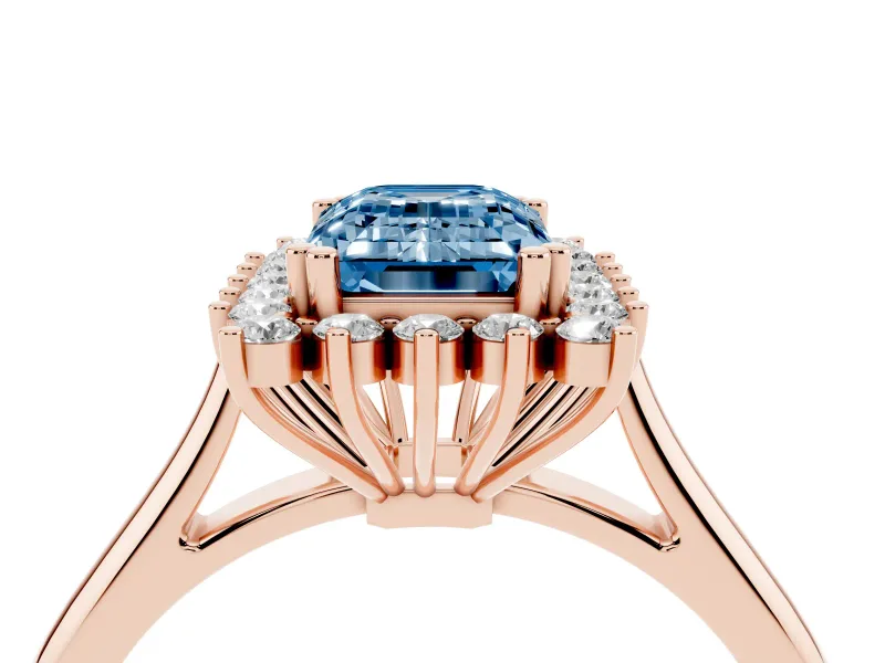 Emerald Cut Starburst Halo Engagement Ring Setting for a Fancy Blue Lab-Grown Diamond | Rose Gold