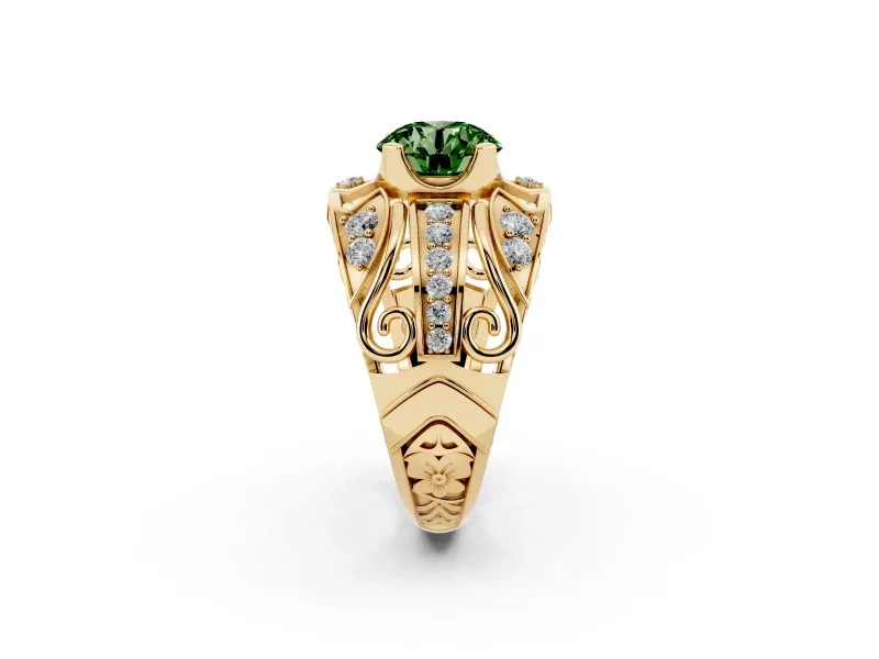 Round Art Deco Graduated Engagement Ring Setting for a Fancy Green Lab-Grown Diamond | Yellow Gold