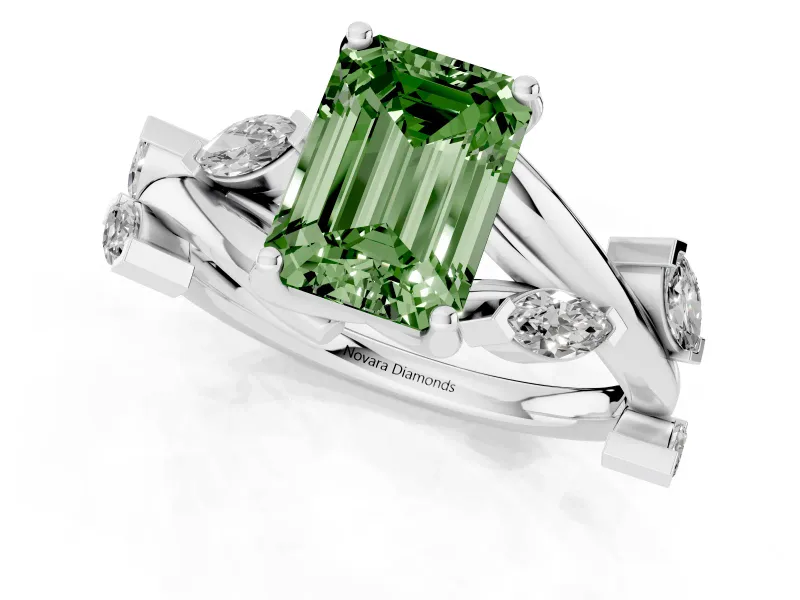 Fancy Green Emerald Cut Diamond Solitaire Ring Set in Platinum with Twisted Marquise Accent Band