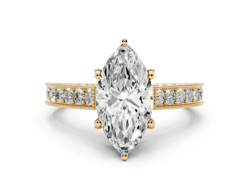 Marquise Cut Diamond Solitaire Ring Set in Yellow gold with Milgrain-Edged Pavé Band and Prong Setting