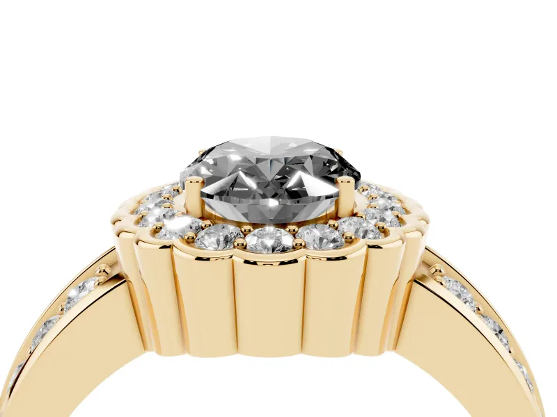 Fancy Black Oval Cut Diamond Scalloped Halo Ring Set in Yellow gold with Pavé Split Shank