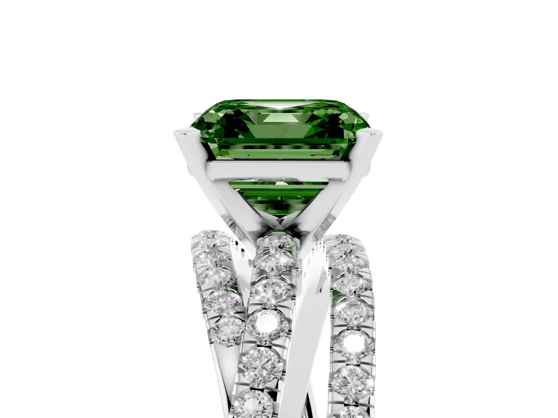 Fancy Green Asscher Cut Diamond Solitaire Twist Band Ring Set in Platinum with Pavé Setting and Prong Head