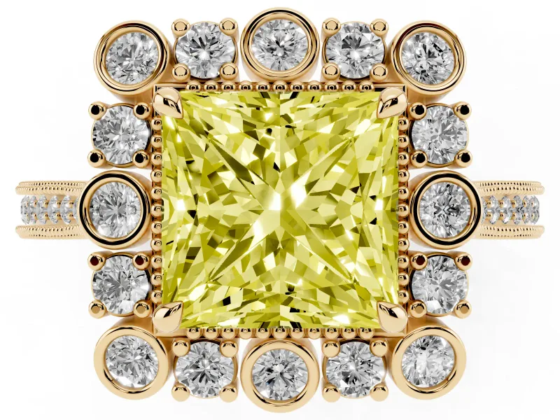 Fancy Yellow Princess Cut Diamond Halo Milgrain Pavé Ring Set in Yellow gold with Prong Setting