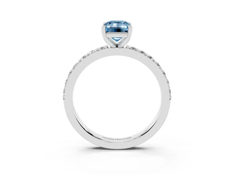 Fancy Blue Emerald Cut Diamond Solitaire Set in Platinum with Round Pavé Band and Prong Setting