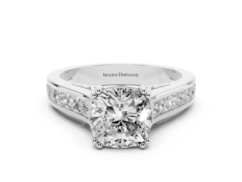 Cushion Cut Diamond Channel Set Solitaire Engagement Ring Set in White gold with Prong Setting