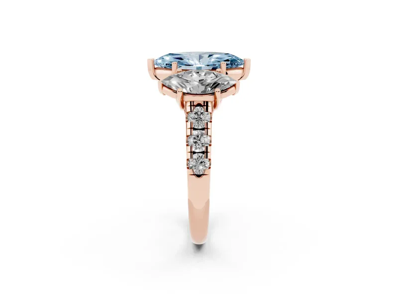 Marquise Three Stone Engagement Ring Setting for a Fancy Blue Lab-Grown Diamond | Accented Shoulders | Rose Gold