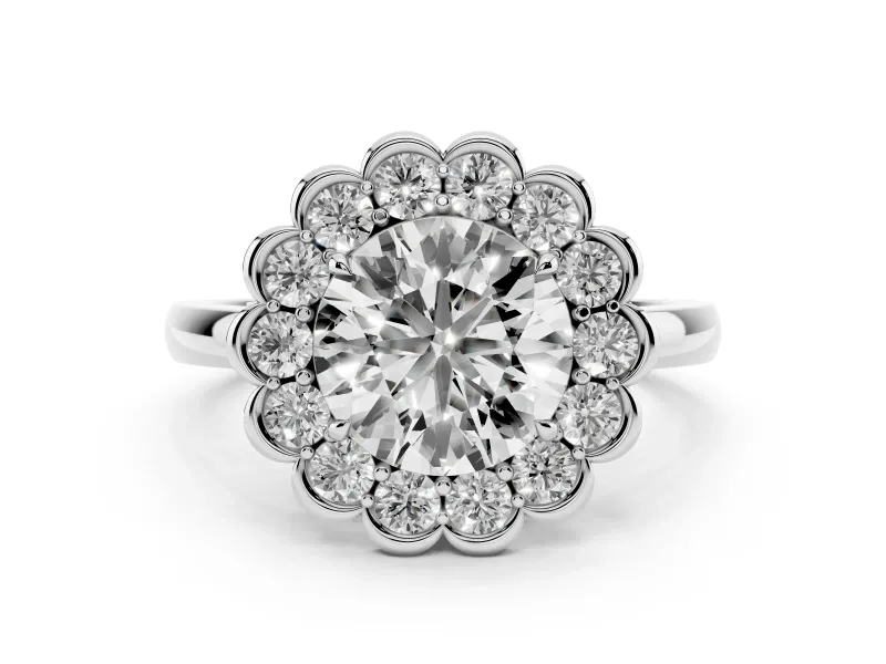 Round Cut Diamond Halo Cluster Engagement Ring Set in Platinum with Solitaire Band and Prong Setting