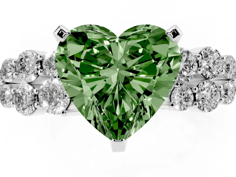 Fancy Green Heart Cut Diamond Cluster Engagement Ring Set in Silver with Pavé Band and Prong Setting
