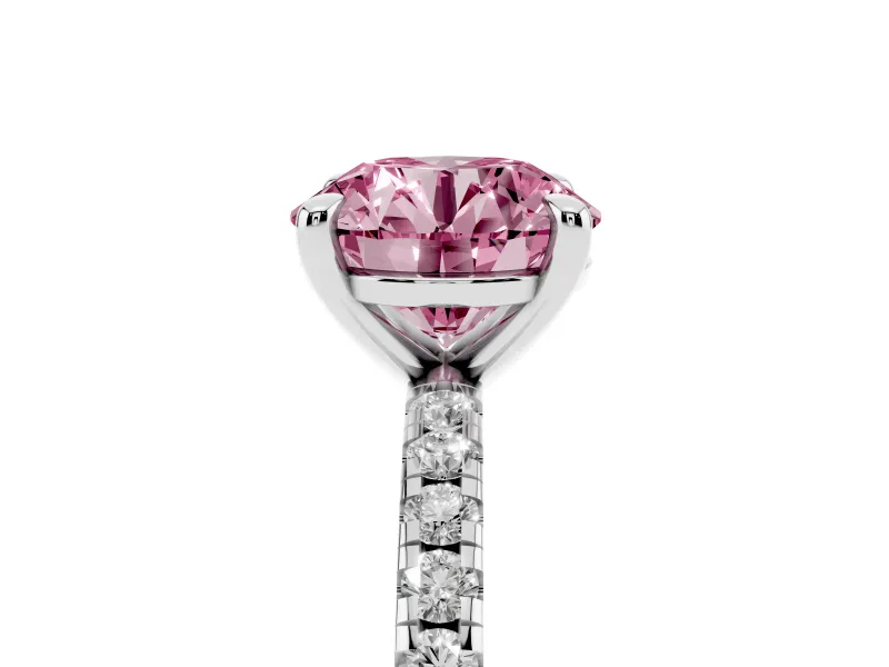 Fancy Pink Round Cut Diamond Brilliant Solitaire Ring Set in Platinum with Pavé Band and Prong Setting