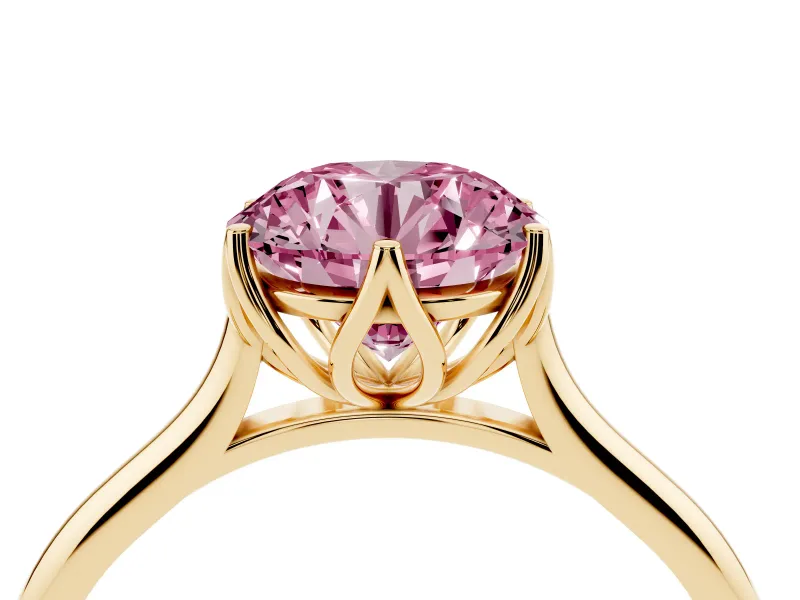 Fancy Pink Round Cut Diamond Solitaire Cathedral Ring Set in Yellow gold with Prong Setting