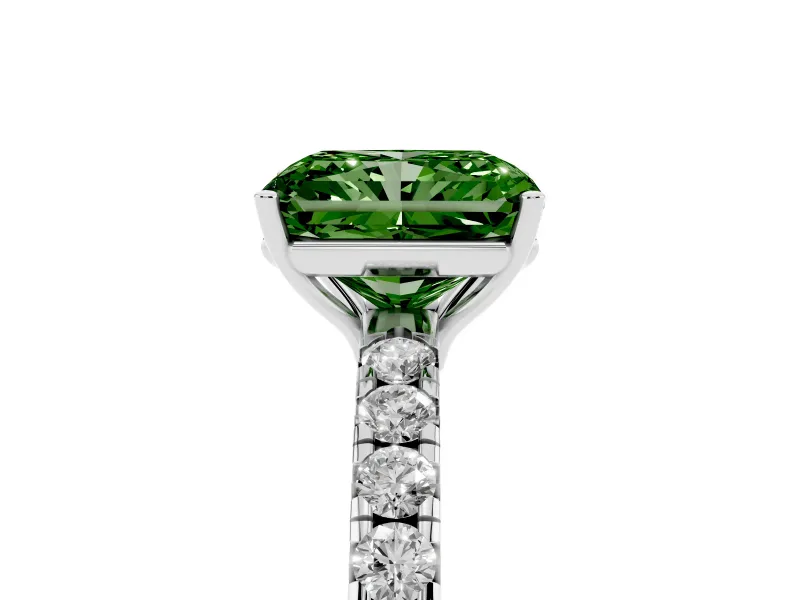 Radiant Cut Pave Engagement Ring Setting for a Fancy Green Lab-Grown Diamond | Shared Prong Band | Sterling Silver