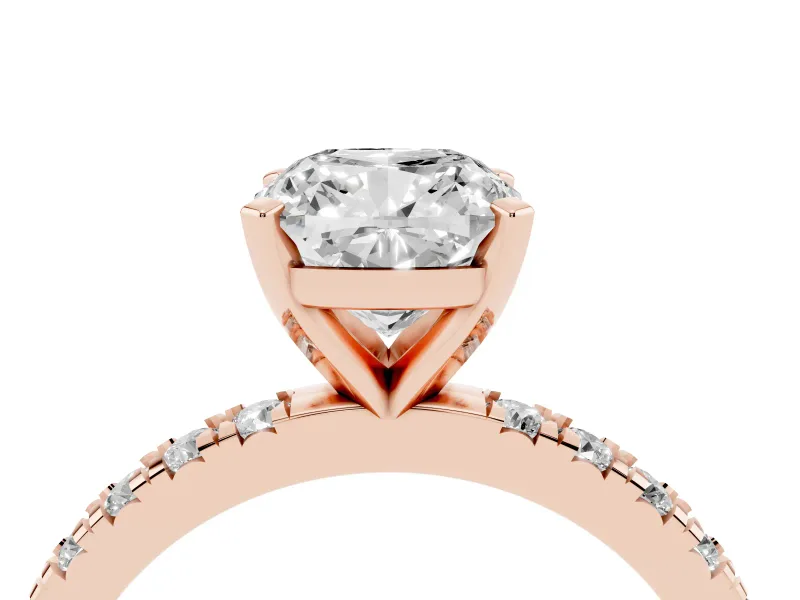 Cushion Cut Diamond Pavé Band Solitaire Set in Rose gold with Prong Setting
