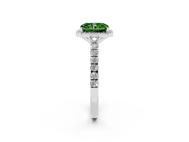 Fancy Green Radiant Cut Diamond Halo Engagement Ring Set in Platinum with Pavé Band and Prong Setting