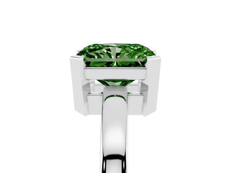 Fancy Green Radiant Cut Diamond Solitaire Ring Set in Silver with Prong Head and Smooth Polished Band
