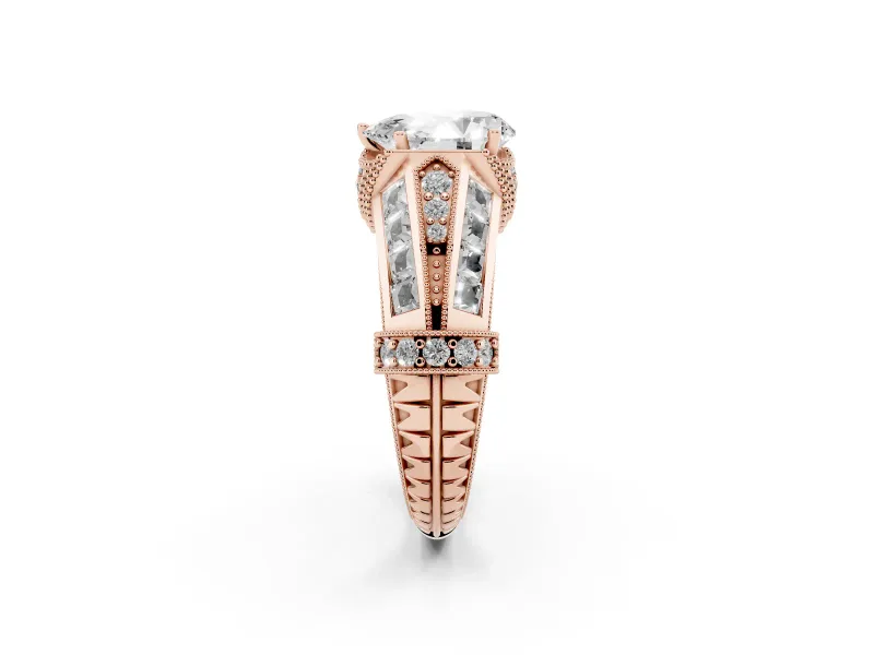 Pear Cut Diamond Vintage-Inspired Milgrain Ring Set in Rose gold with Accent Split Shank