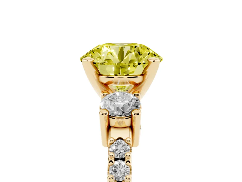 Fancy Yellow Three-Stone Round Cut Diamond Pavé Band Ring Set in Yellow gold with Prong Setting