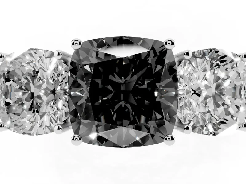Fancy Black Cushion Cut Diamond Three-Stone Ring Set in Silver with Textured Band