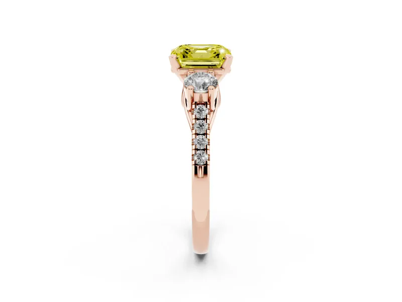 Fancy Yellow Three-Stone Asscher Cut Diamond Pavé Band Ring Set in Rose gold with Prong-Set Trio