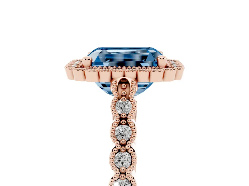 Radiant Cut Milgrain Halo Engagement Ring Setting for a Fancy Blue Lab-Grown Diamond | Beaded Shoulders | Rose Gold