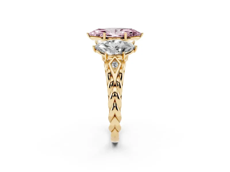 Fancy Pink Marquise Cut Diamond Three-Stone Ring Set in Yellow gold with Braided Band