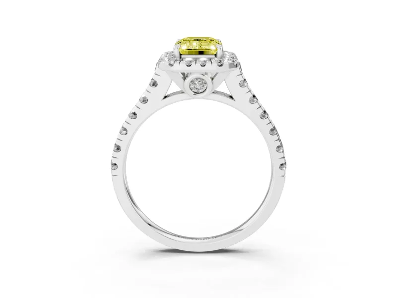 Emerald Cut Accented Halo Engagement Ring Setting for a Fancy Yellow Lab-Grown Diamond | Platinum