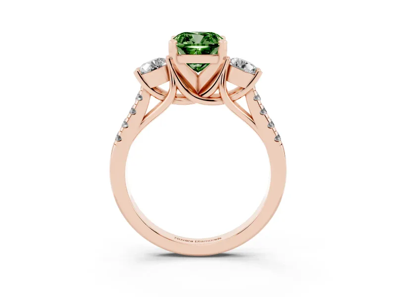 Cushion Cut Three-Stone Engagement Ring Setting for a Fancy Green Lab-Grown Diamond | Rose Gold