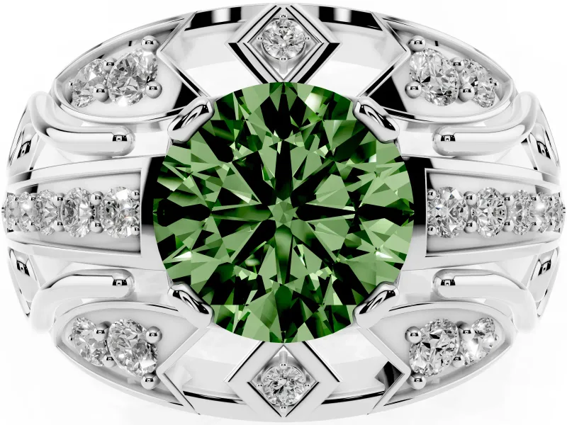 Round Art Deco Engagement Ring Setting for a Fancy Green Lab-Grown Diamond | Sterling Silver
