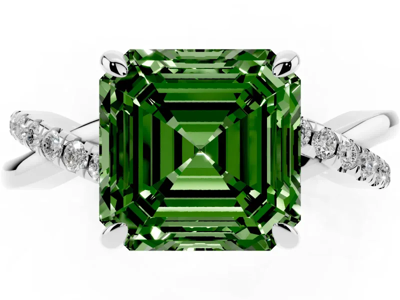 Fancy Green Asscher Cut Diamond Twist Band Solitaire Set in Platinum with Pavé Accents and Prong Setting
