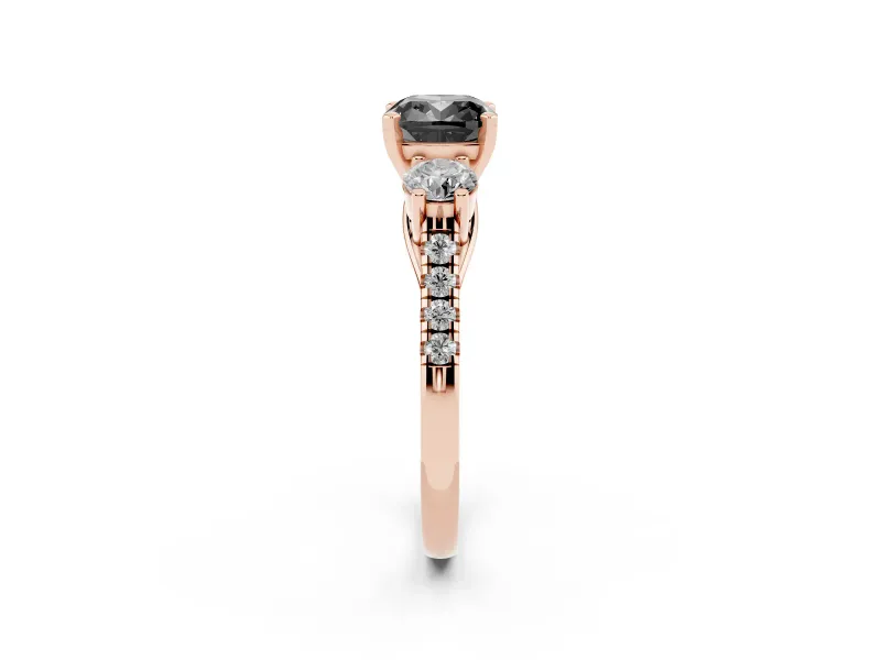 Fancy Black Three-Stone Cushion Cut Diamond Pavé Band Ring Set in Rose gold with Prong-Set Trio