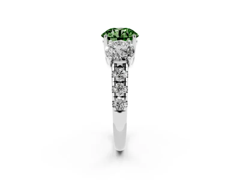 Round Three Stone Engagement Ring Setting for a Fancy Green Lab-Grown Diamond | Accented Shoulders | Platinum