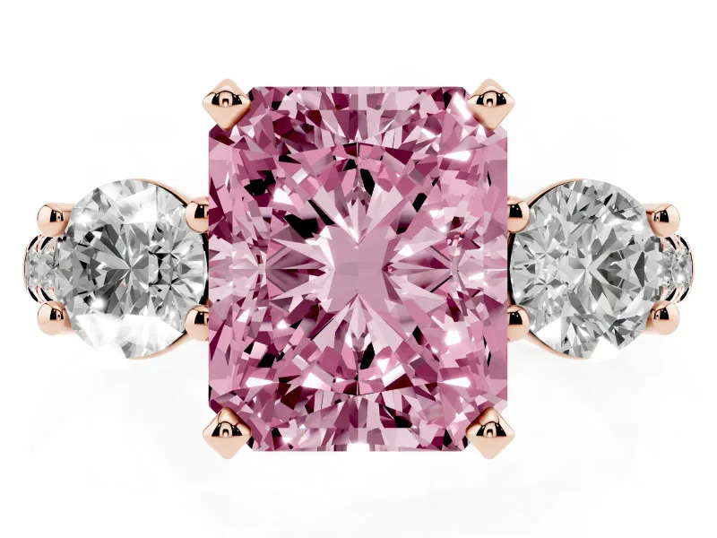 Fancy Pink Three-Stone Radiant Cut Diamond Pavé Band Ring Set in Rose gold with Prong-Set Trio