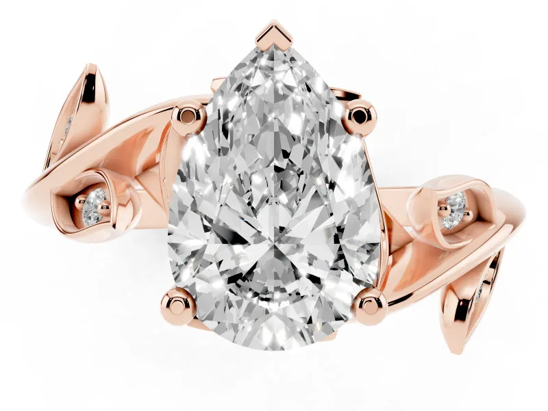 Pear Cut Diamond Solitaire Twist Engagement Ring Set in Rose gold with Pavé Leaf Accents