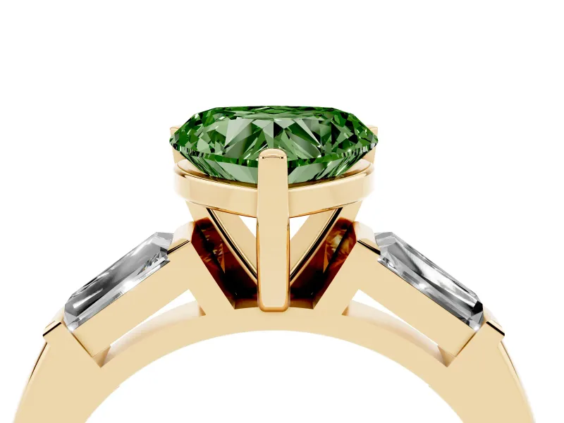 Heart-Shaped Three Stone Engagement Ring Setting for a Fancy Green Lab-Grown Diamond | Tapered Baguettes | Yellow Gold