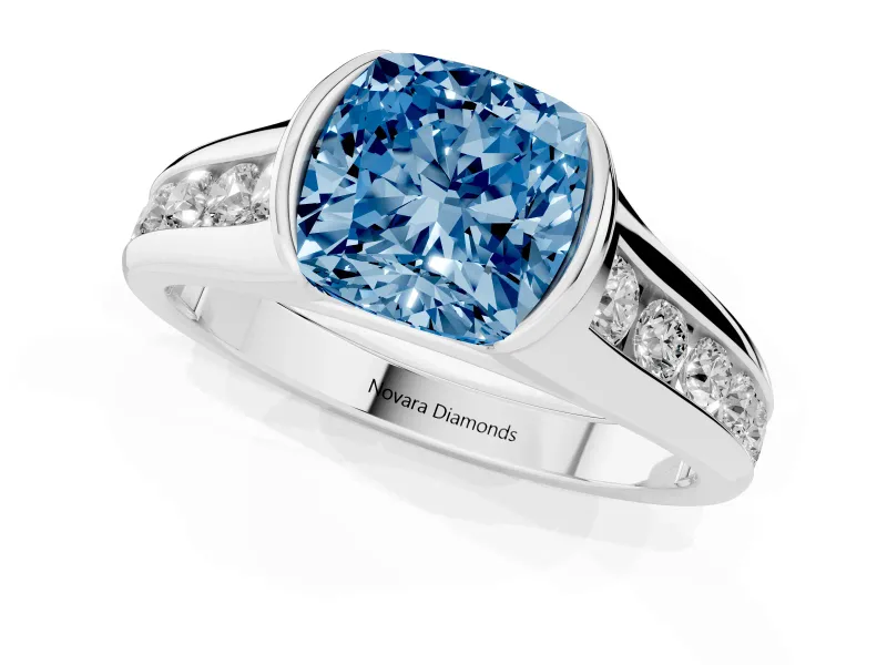 Cushion Cut Half Bezel Engagement Ring Setting for a Fancy Blue Lab-Grown Diamond | White Gold