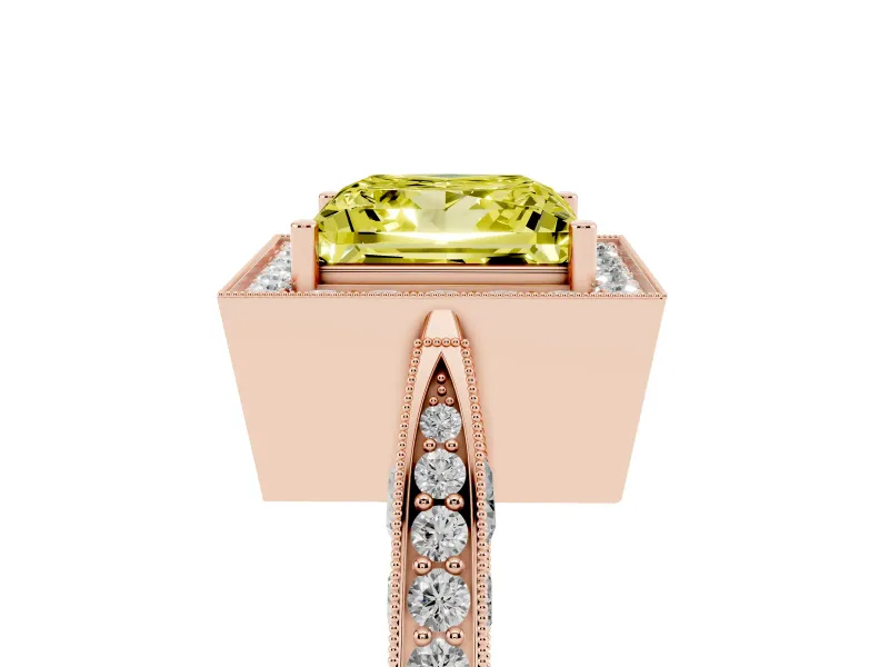 Princess Cut Milgrain Halo Engagement Ring Setting for a Fancy Yellow Lab-Grown Diamond | Side Stones | Rose Gold