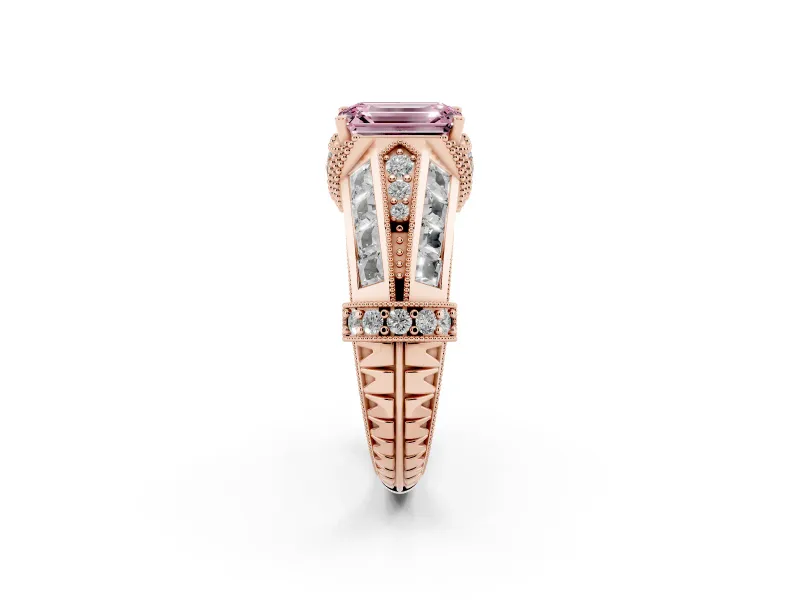 Fancy Pink Emerald Cut Diamond Vintage-Inspired Milgrain Ring Set in Rose gold with Accent Split Shank