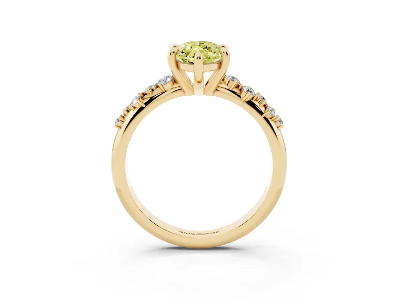 Fancy Yellow Marquise Cut Diamond Solitaire Vine Band Ring Set in Yellow gold with Round Accents and Prong Setting