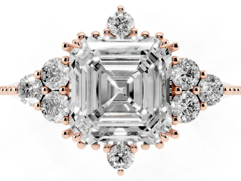Asscher Cut Vintage Cluster Engagement Ring Setting | Beaded Edges | Rose Gold