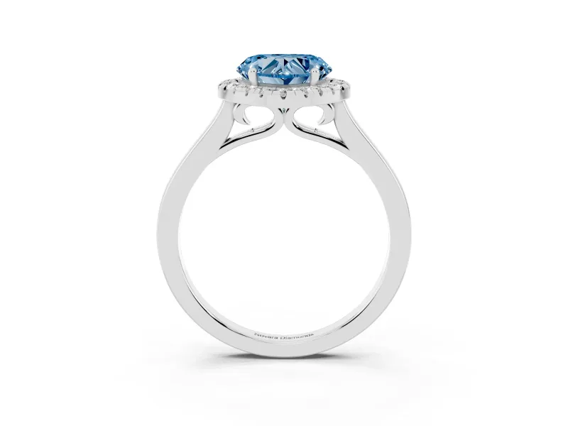 Fancy Blue Heart Cut Halo Round Diamond Solitaire Ring Set in Platinum with Pavé Band and Prong Setting