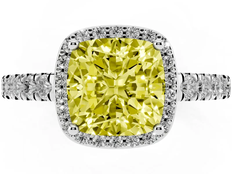 Fancy Yellow Cushion Cut Diamond Halo Engagement Ring Set in Silver with Pavé Band and Prong Setting