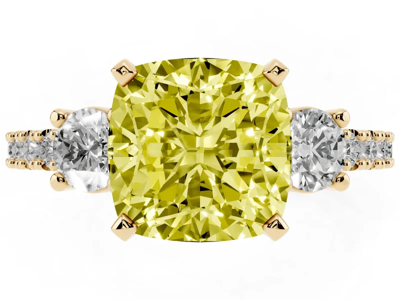 Cushion Cut Three Stone Engagement Ring Setting for a Fancy Yellow Lab-Grown Diamond | Pavé Band | Yellow Gold