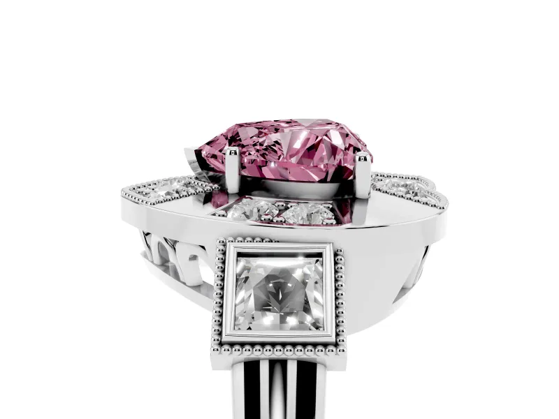 Fancy Pink Heart Cut Diamond Milgrain Halo Ring Set in Silver with Split Shank