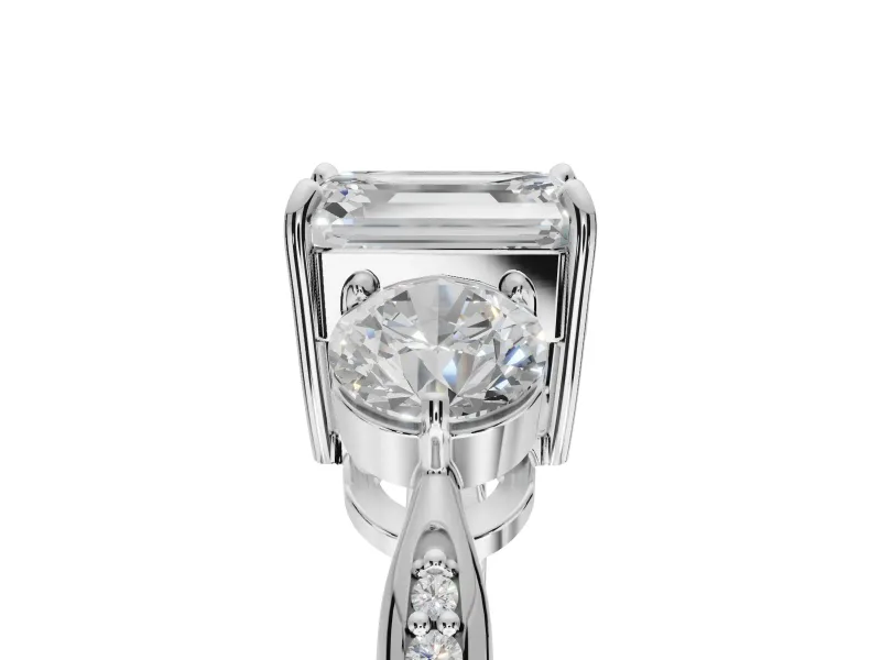 Emerald Cut Three Stone Engagement Ring Setting | Tapered Pave Band | Sterling Silver