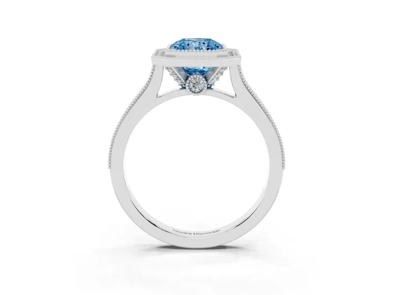 Radiant Cut Vintage Milgrain Halo Engagement Ring Setting for a Fancy Blue Lab-Grown Diamond | Bezel Head | Platinum