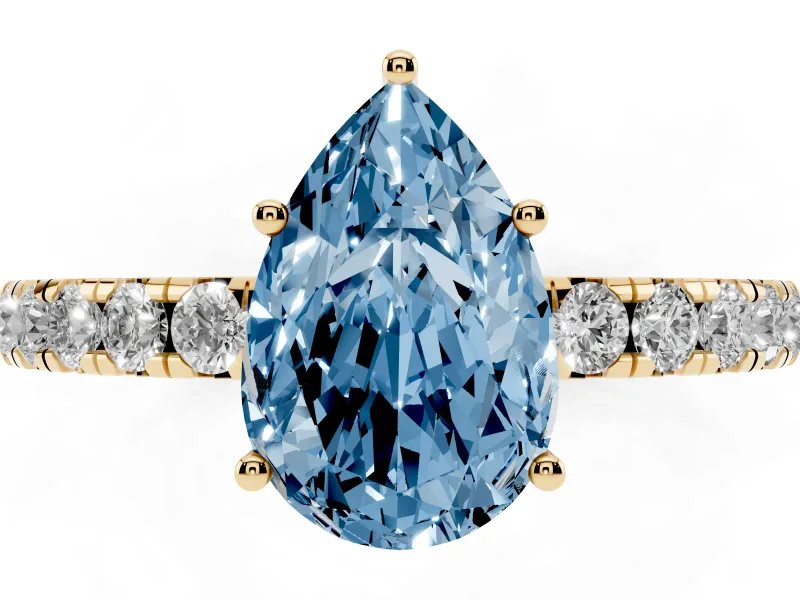 Pear-Shaped Pave Solitaire Engagement Ring Setting for a Fancy Blue Lab-Grown Diamond | Shared Prong Band | Yellow Gold