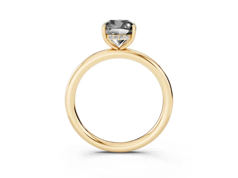 Fancy Black Cushion Cut Diamond Solitaire Ring Set in Yellow gold with Thin Band and Prong Setting