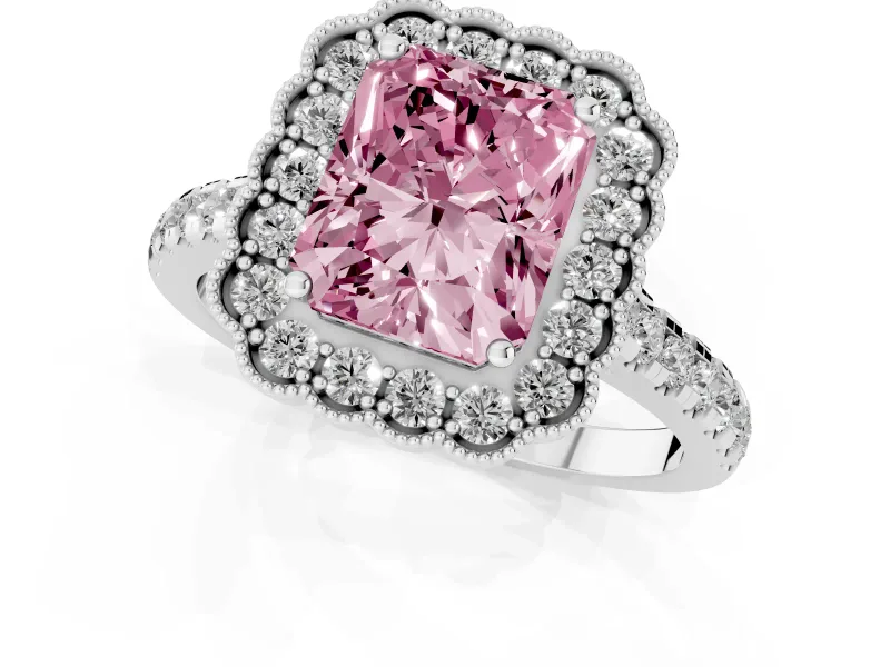 Fancy Pink Radiant Cut Diamond Milgrain Floral Halo Engagement Ring Set in Silver with Pavé Band