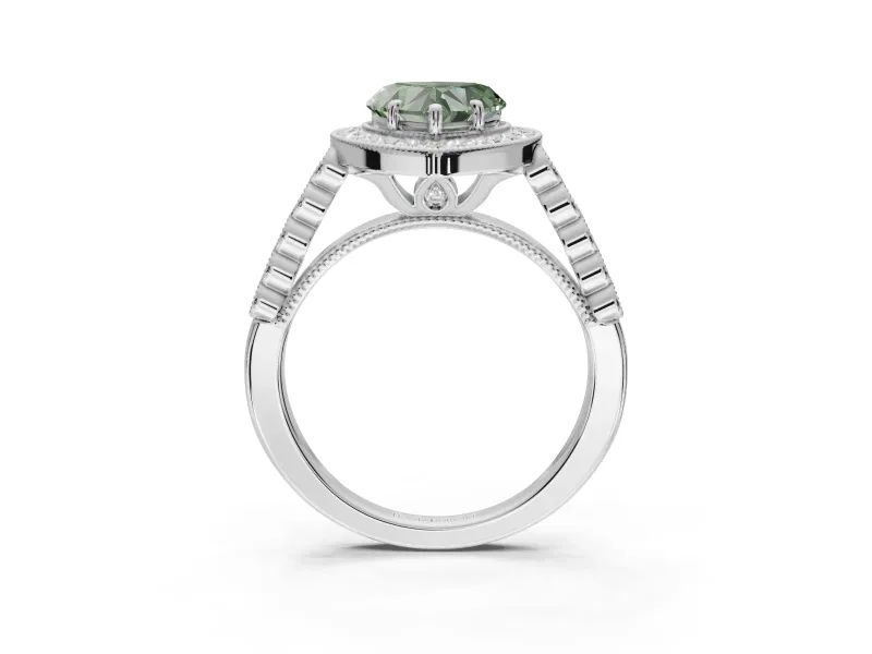 Fancy Green Heart-Shaped Lab-Grown Diamond Milgrain Halo Solitaire Ring Set in White Gold with Bezel Set Side Stones and Pavé Band