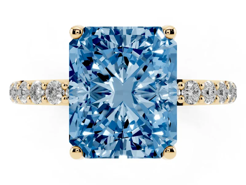Radiant Cut Pave Solitaire Engagement Ring Setting for a Fancy Blue Lab-Grown Diamond | Slim Band | Yellow Gold